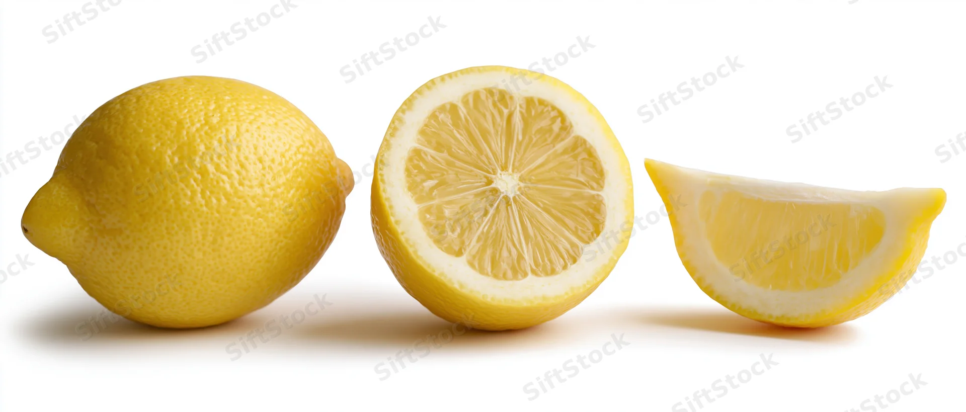 Three lemons arranged in a row showing whole, halved and sliced forms against a white background