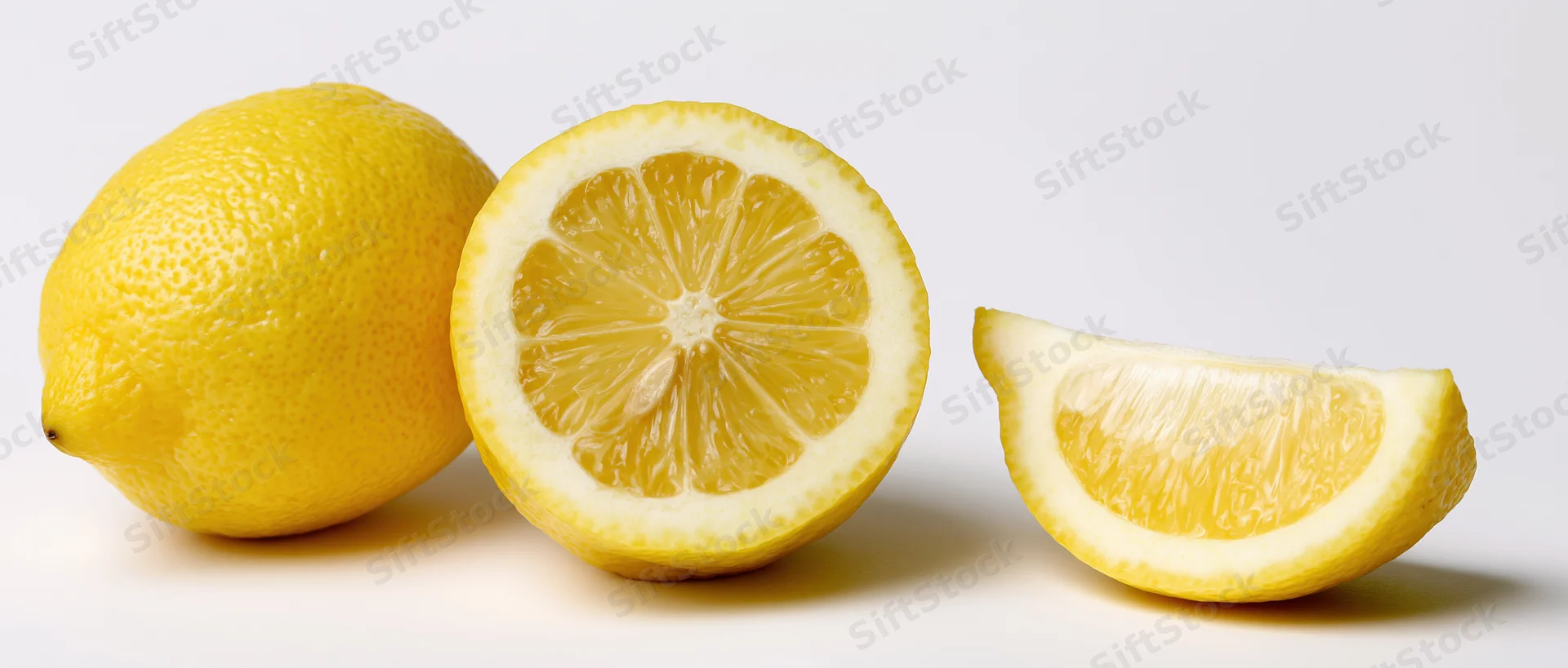 Three lemons arranged in a row, whole, halved and sliced, on a white background