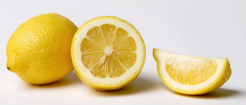 Three lemons arranged in a row, whole, halved and sliced, on a white background