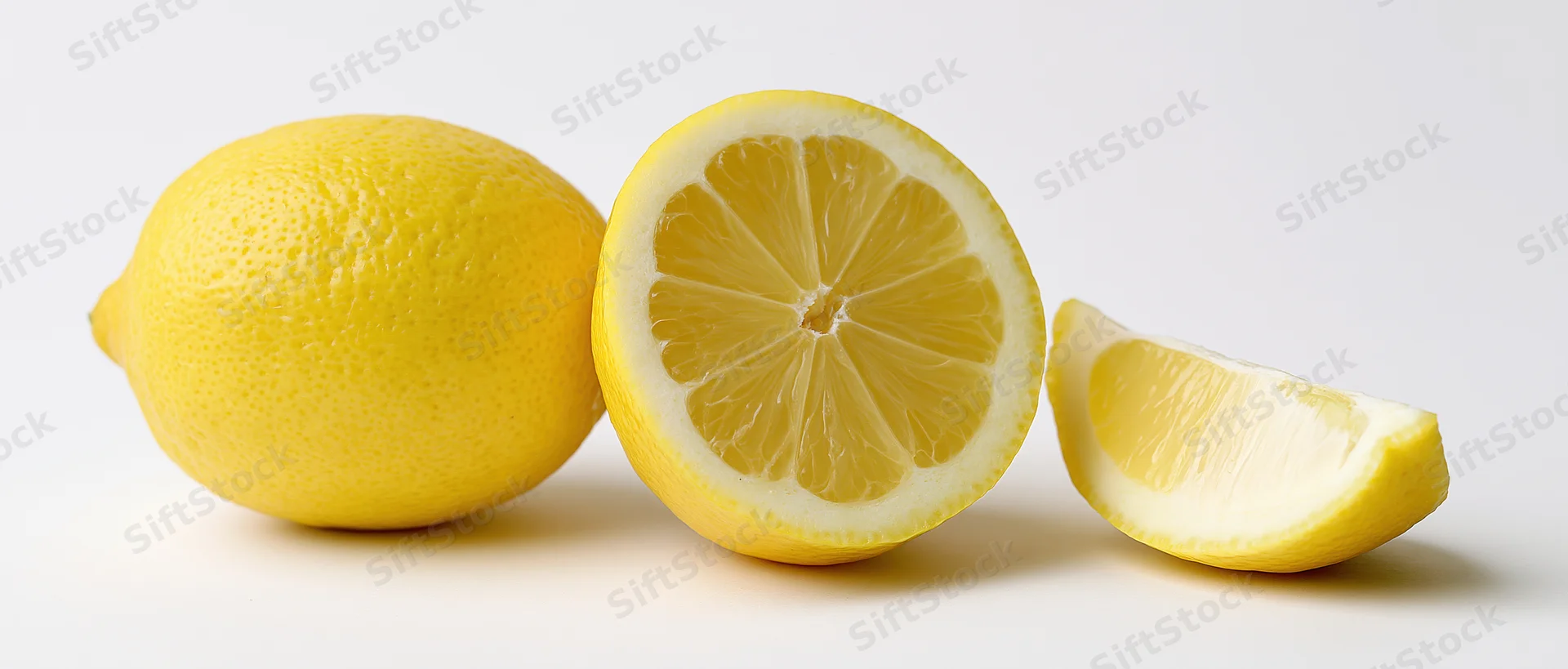 Three lemons arranged in a row, whole, halved, and sliced, on a white background