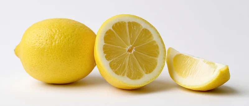 Three lemons arranged in a row, whole, halved, and sliced, on a white background