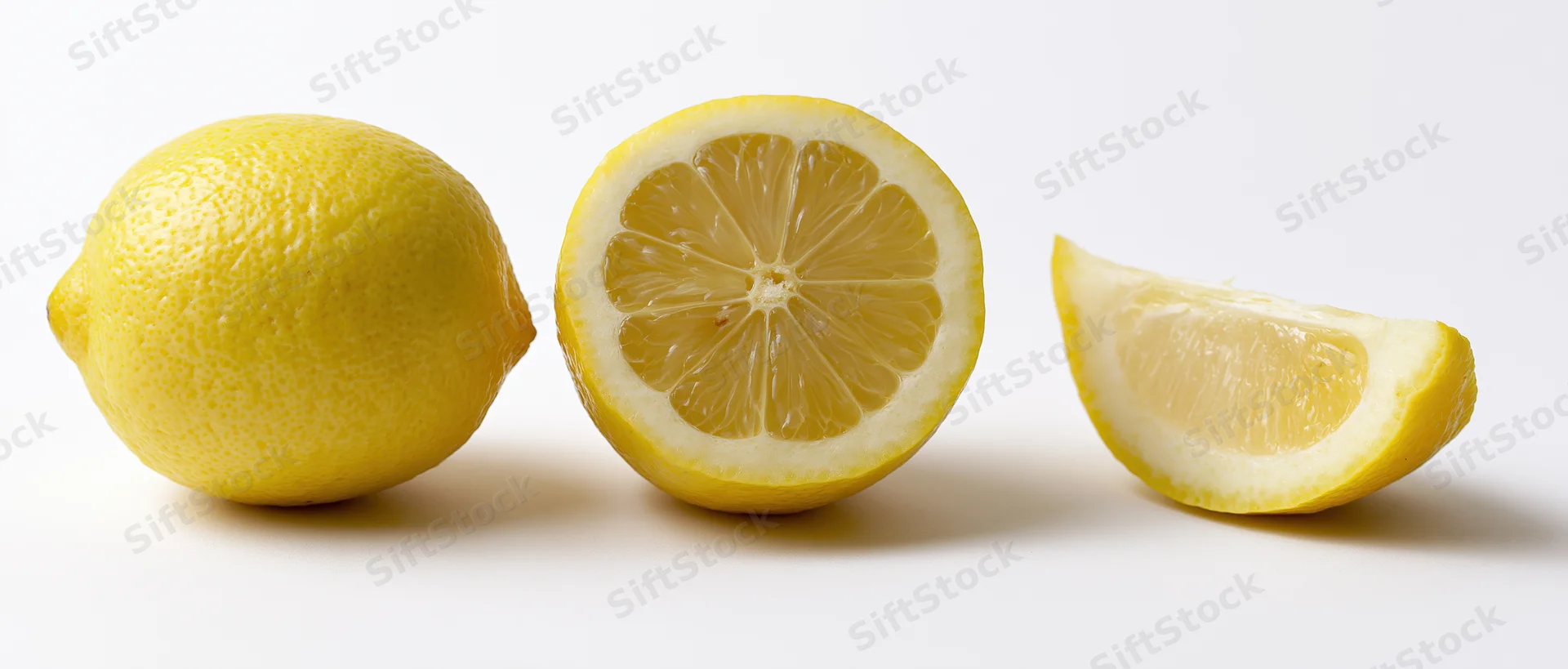 Three lemons whole sliced and wedged on white background