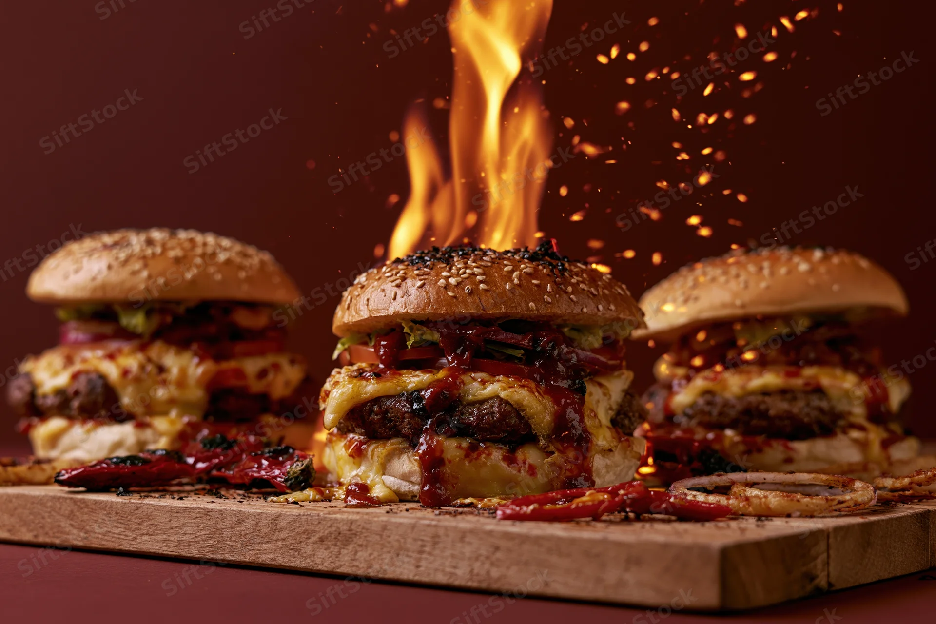Three loaded beef burgers with cheese lettuce tomato on wooden board with flames and sparks