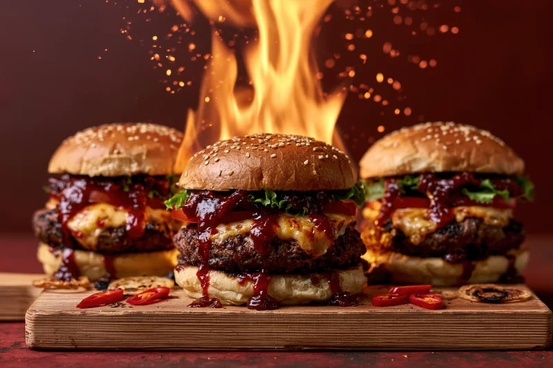 Three loaded beef burgers with cheese lettuce tomato on a wooden board with flames rising behind them