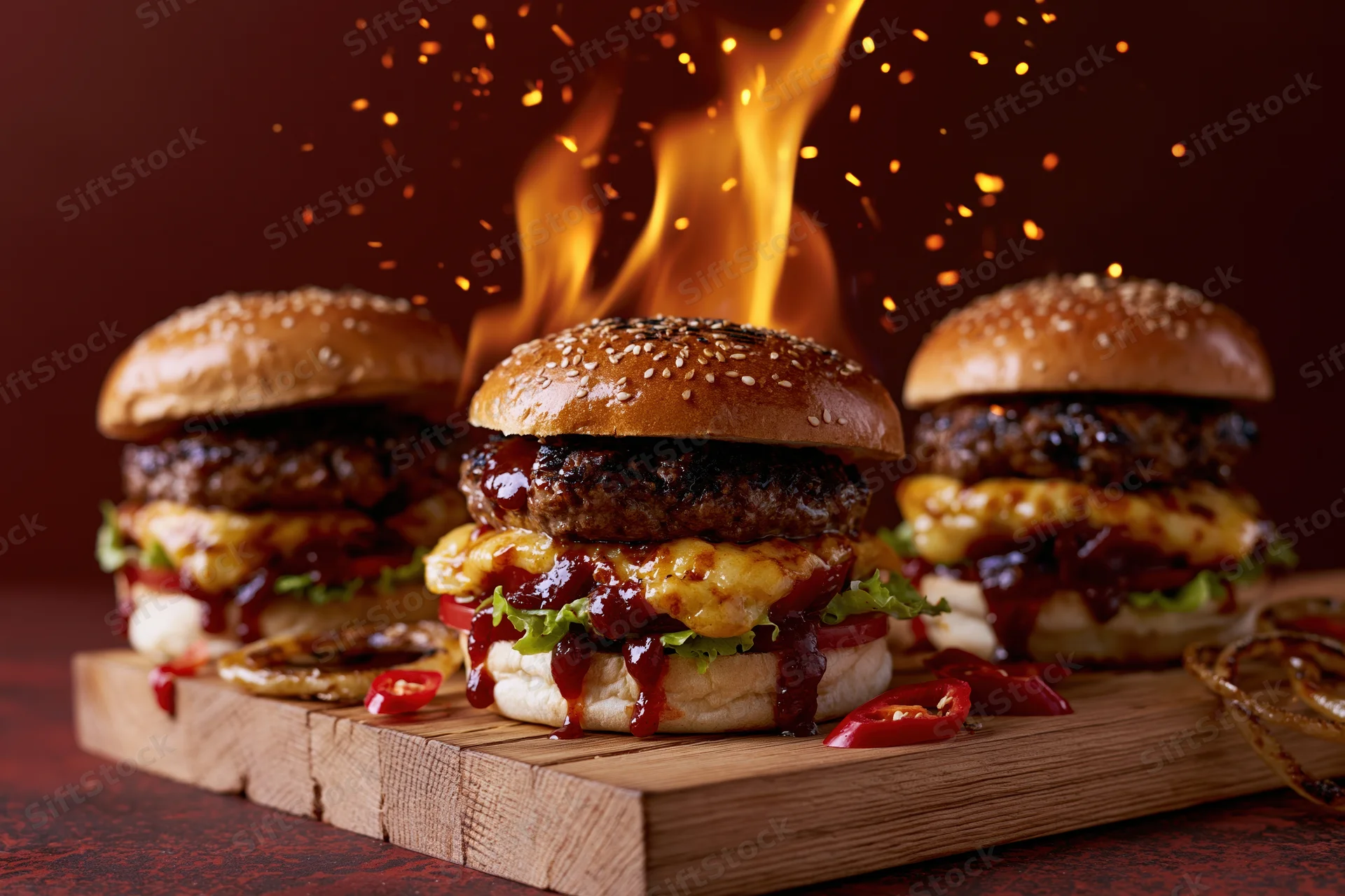 Three loaded beef burgers with cheese lettuce tomato on wooden board with flames and sparks