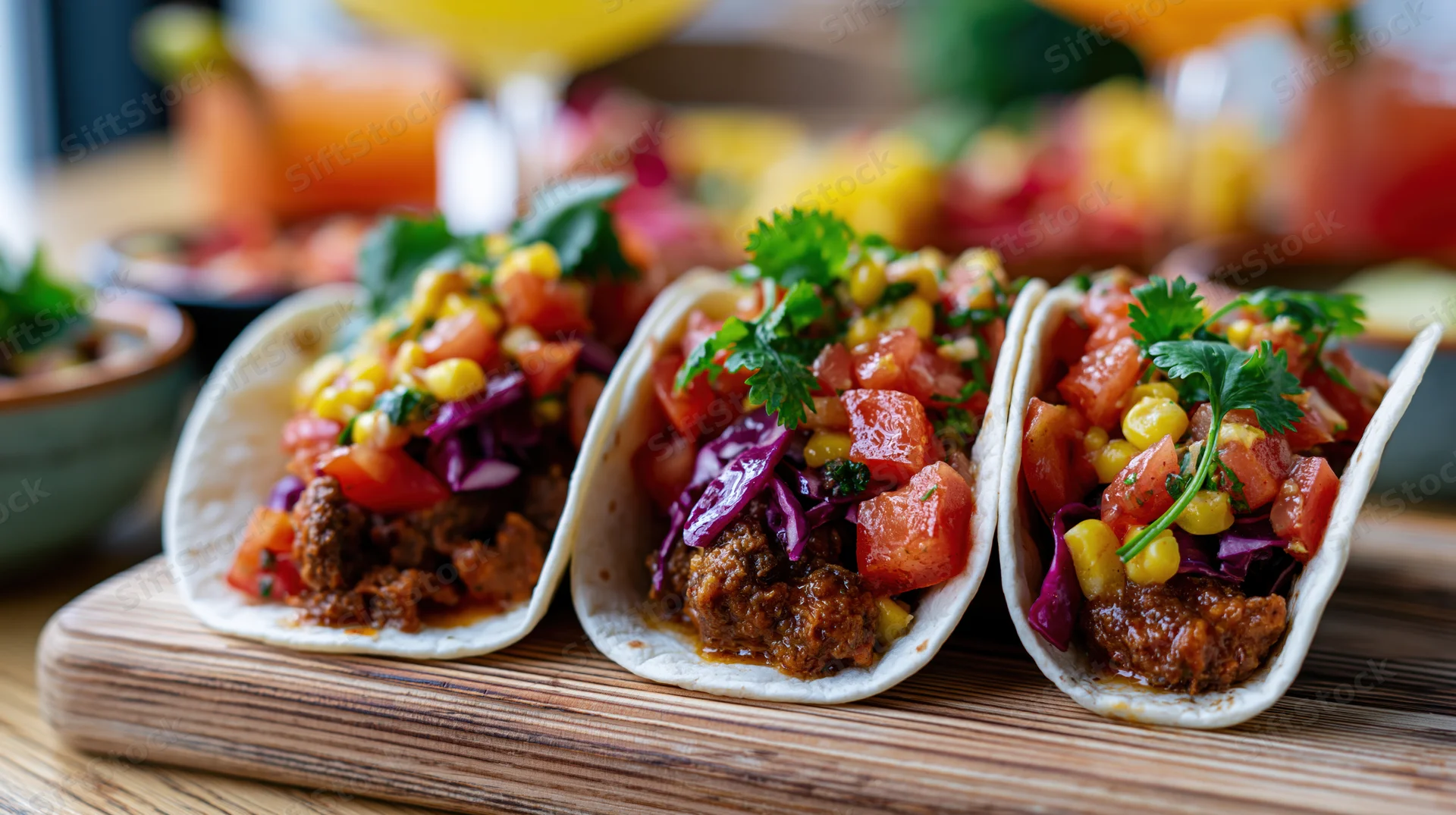 Three loaded street tacos with meat and vegetables on a wooden serving board