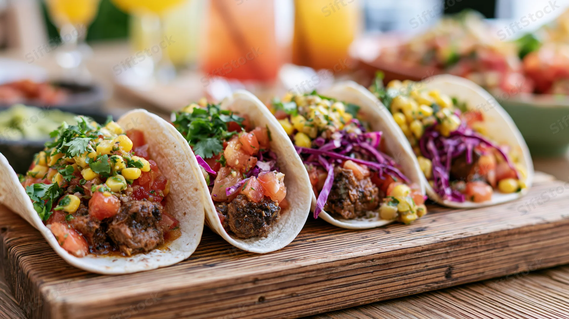 Three loaded street tacos arranged on a rustic wooden serving board with fresh toppings and drinks in the background