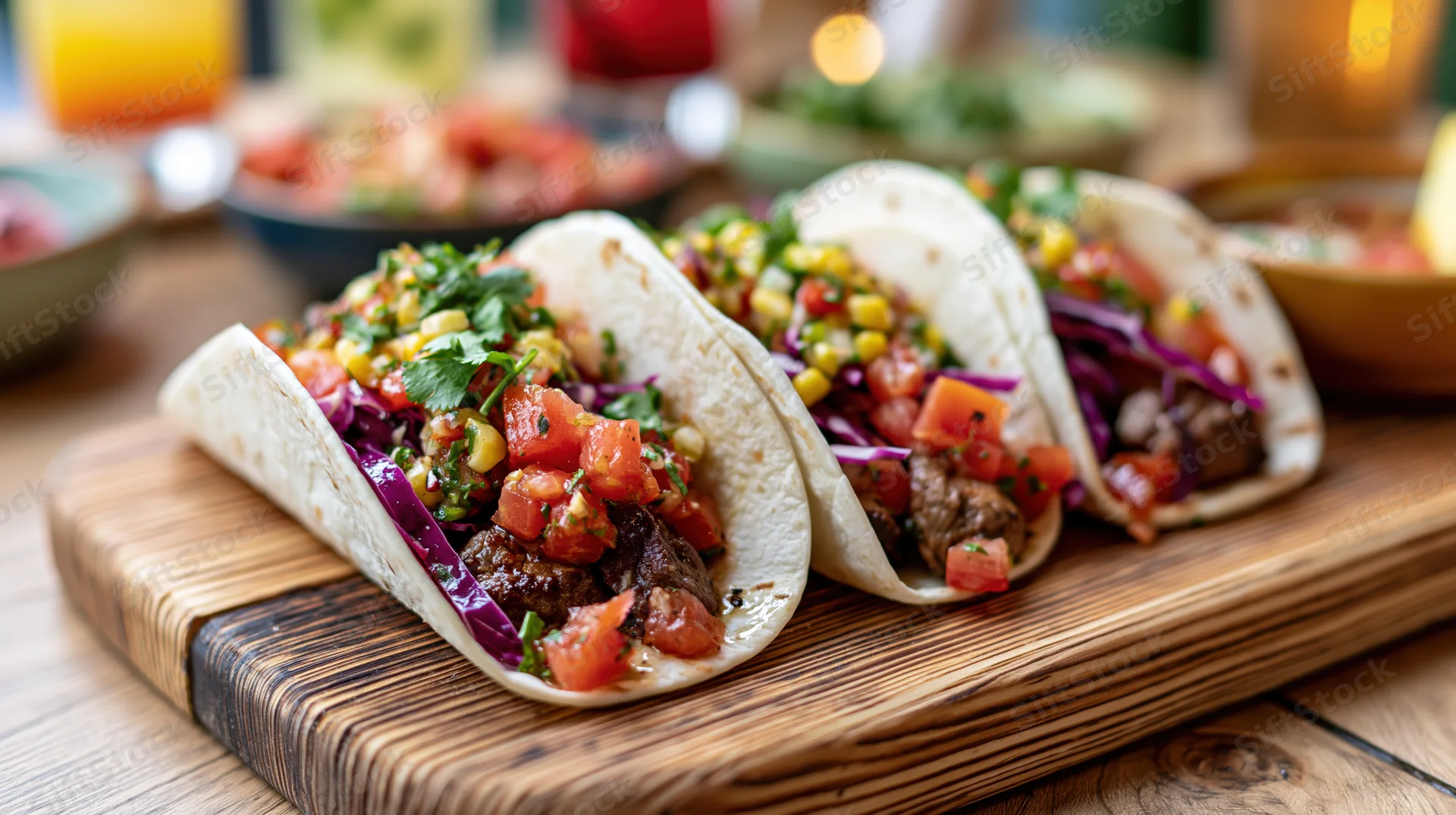 Three loaded street tacos with beef and vegetables on a rustic wooden serving board