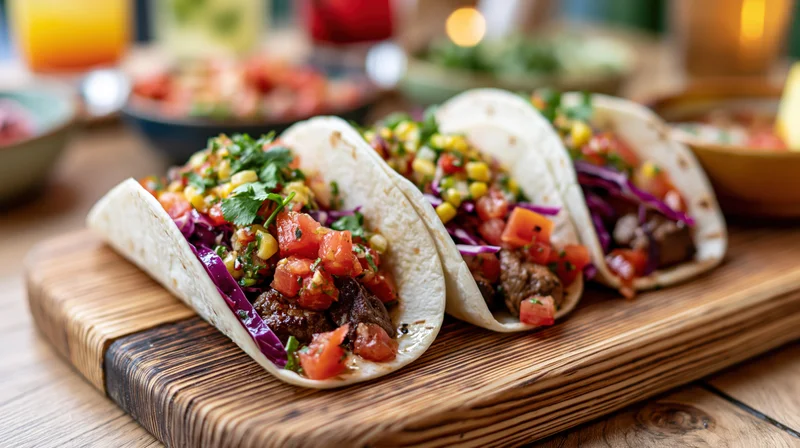 Three loaded street tacos with beef and vegetables on a rustic wooden serving board