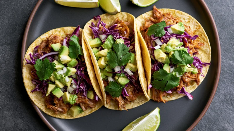 Three pulled pork street tacos in soft corn tortillas topped with avocado, cilantro, red cabbage and lime on a black plate