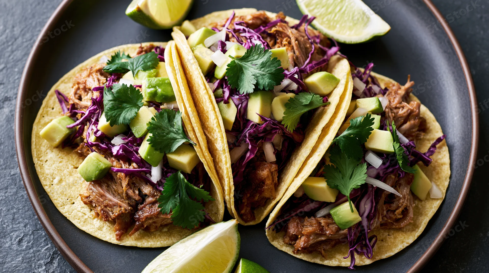 Three pulled pork street tacos in soft corn tortillas topped with avocado, purple cabbage, cilantro and lime wedges on a dark plate