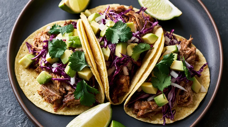 Three pulled pork street tacos in soft corn tortillas topped with avocado, purple cabbage, cilantro and lime wedges on a dark plate