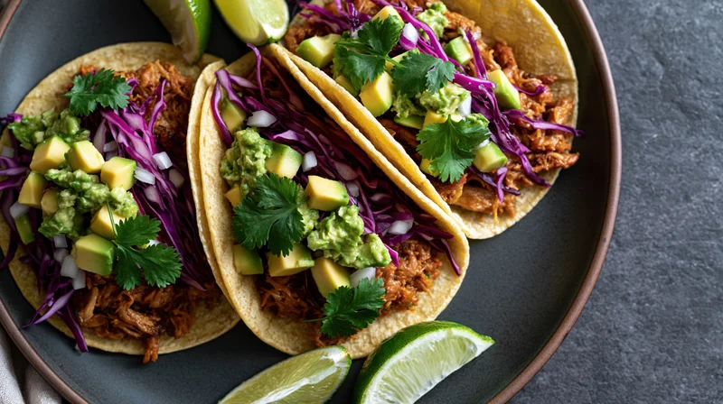 Three pulled pork street tacos in soft corn tortillas topped with guacamole, purple cabbage, cilantro and lime wedges on a dark plate