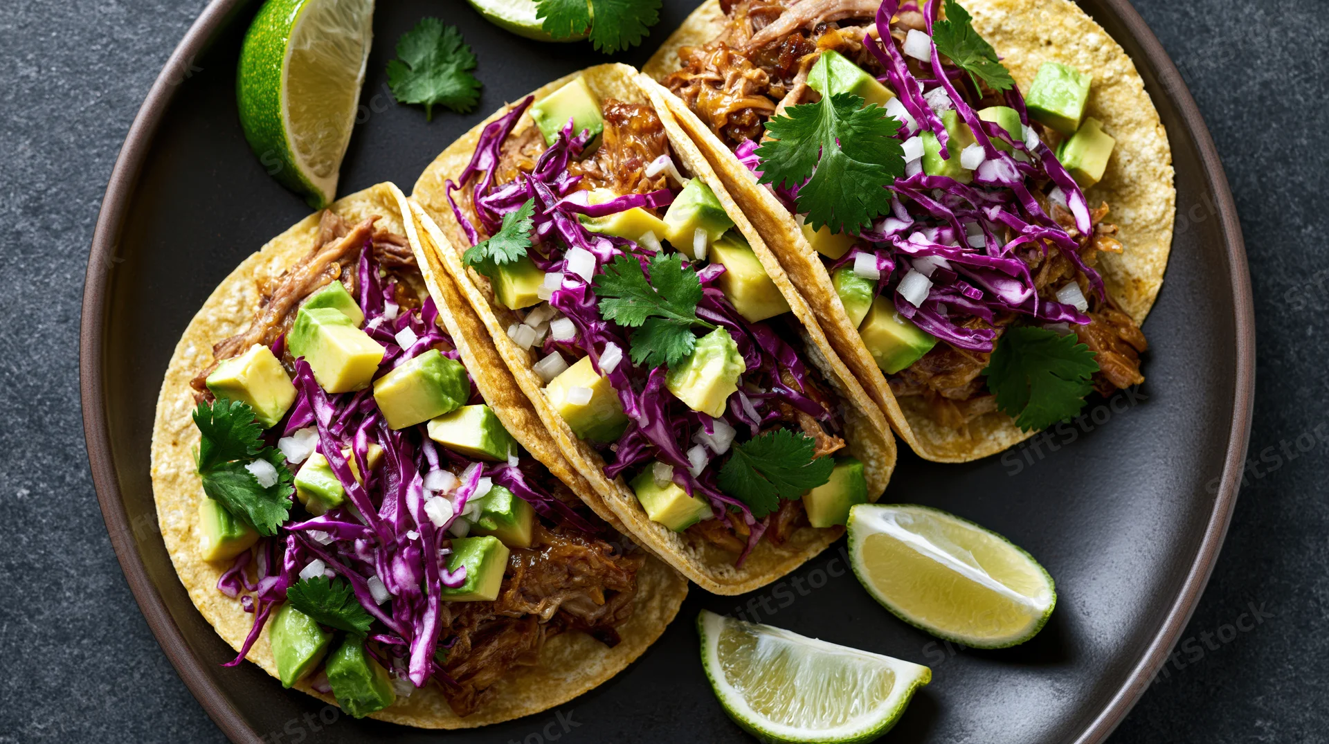 Three pulled pork street tacos in soft corn tortillas topped with avocado, purple cabbage, cilantro and lime wedges on a black plate
