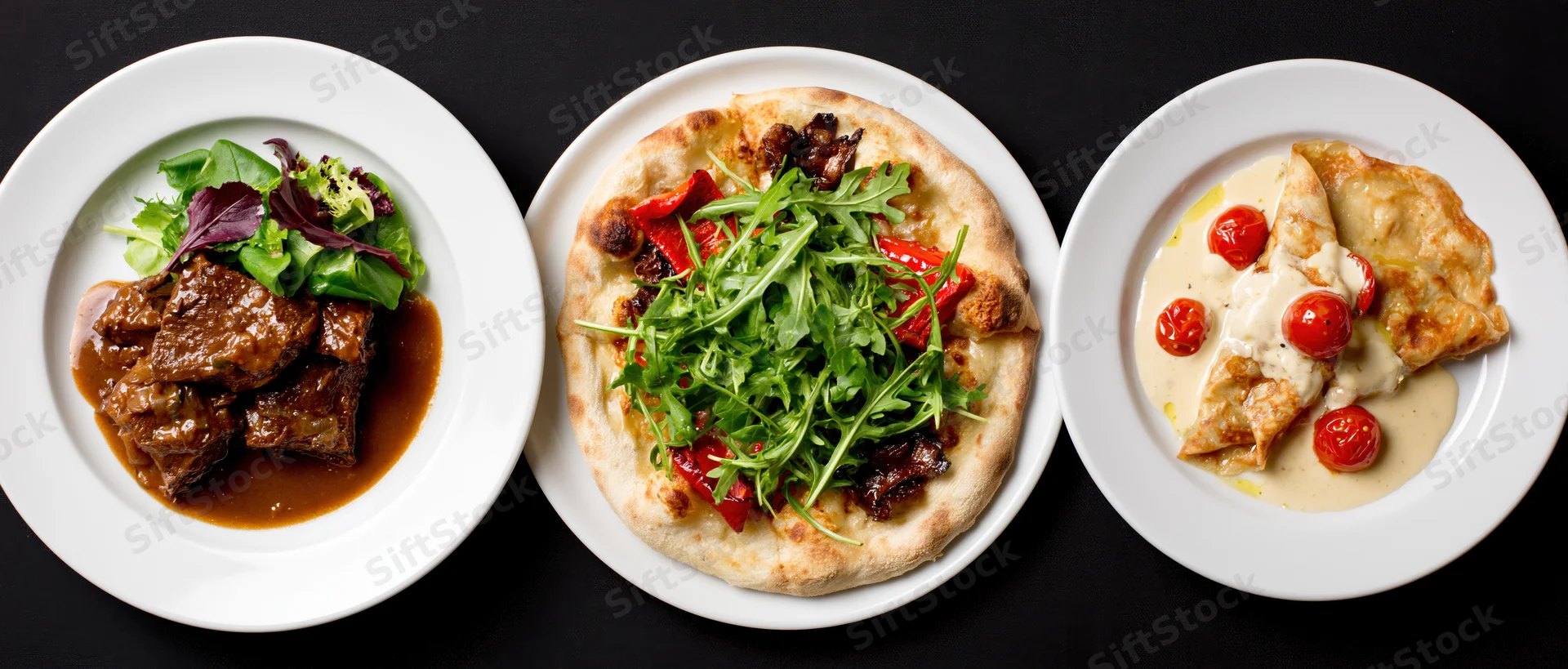 Three restaurant dishes arranged in a row on white plates against a black background