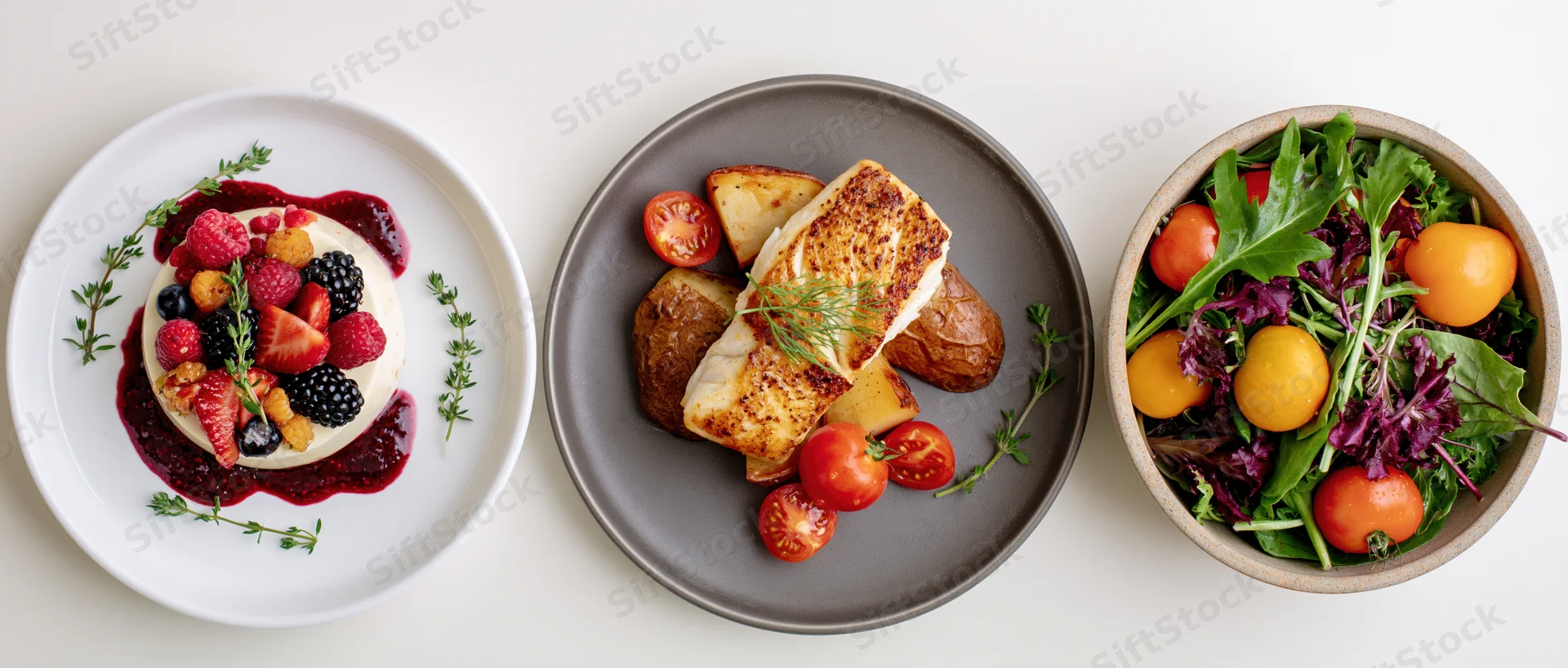 Three restaurant dishes arranged side by side on a white surface, featuring a berry dessert, grilled fish with potatoes, and a mixed salad with tomatoes and greens