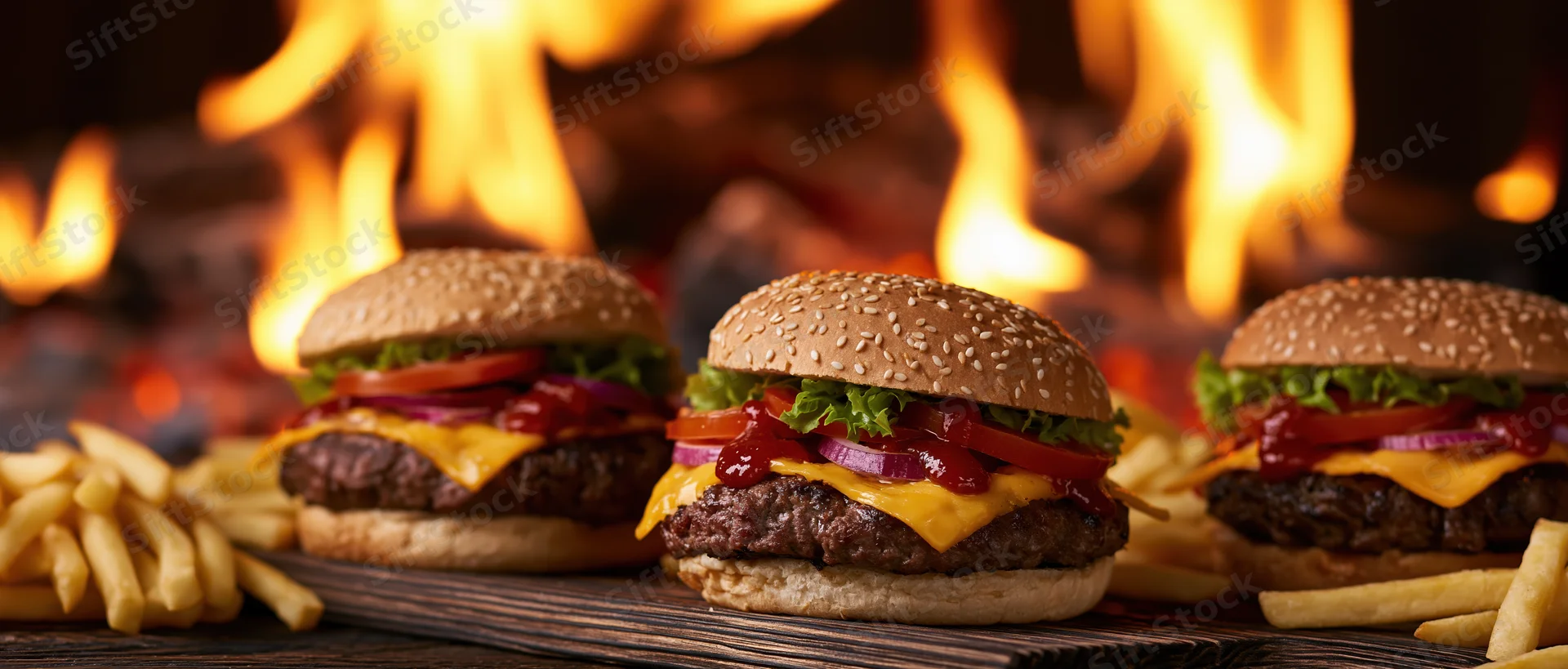 Three cheeseburgers with sesame seed buns and fries on a wooden board in front of flames