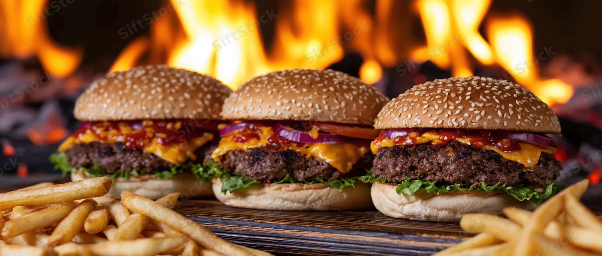 Three cheeseburgers with sesame seed buns and fries arranged on a wooden surface in front of a flaming grill