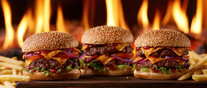 Three cheeseburgers with sesame seed buns and french fries on a wooden board in front of flames