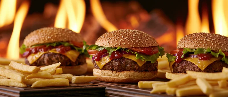Three cheeseburgers with sesame seed buns and french fries served on wooden trays in front of flames