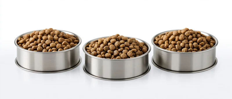 Three stainless steel bowls filled with dry pet kibble arranged in a row on a white background