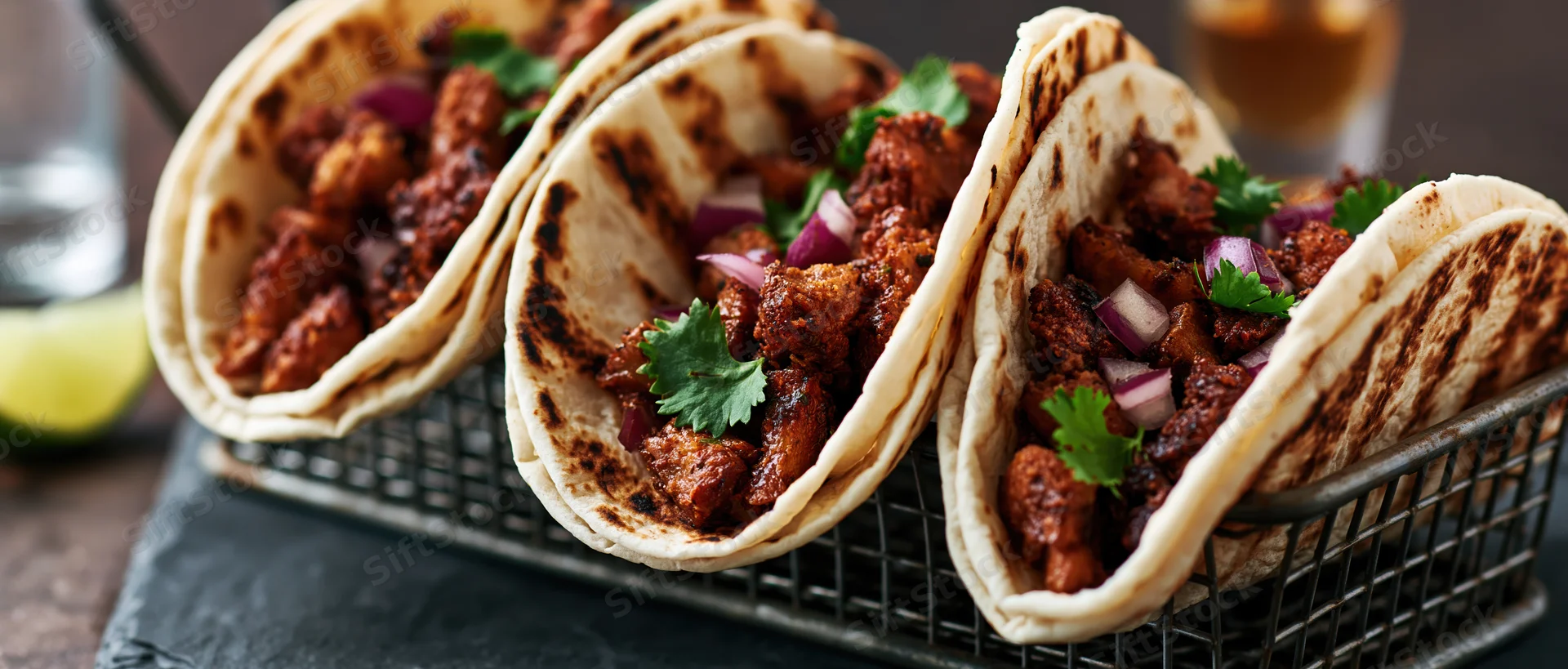 Three al pastor tacos in charred flour tortillas served in a wire basket on a dark surface