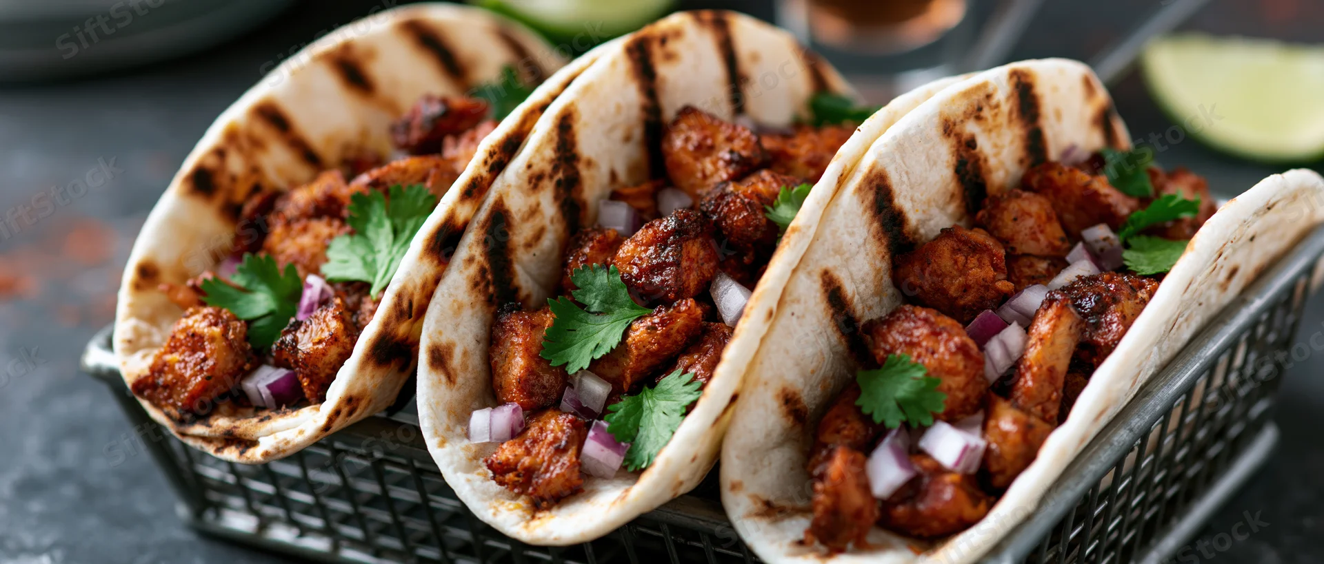 Three al pastor tacos in charred flour tortillas served in a basket with cilantro and red onion