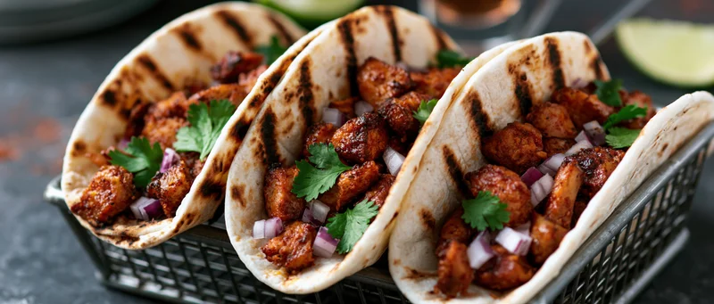 Three al pastor tacos in charred flour tortillas served in a basket with cilantro and red onion