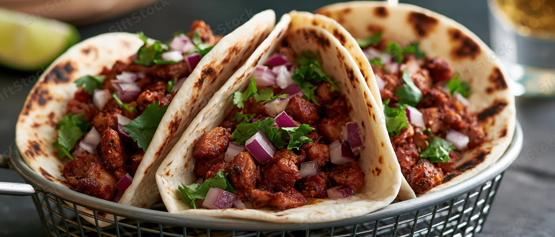 Three al pastor tacos in charred flour tortillas served in a wire basket with cilantro and red onion garnish