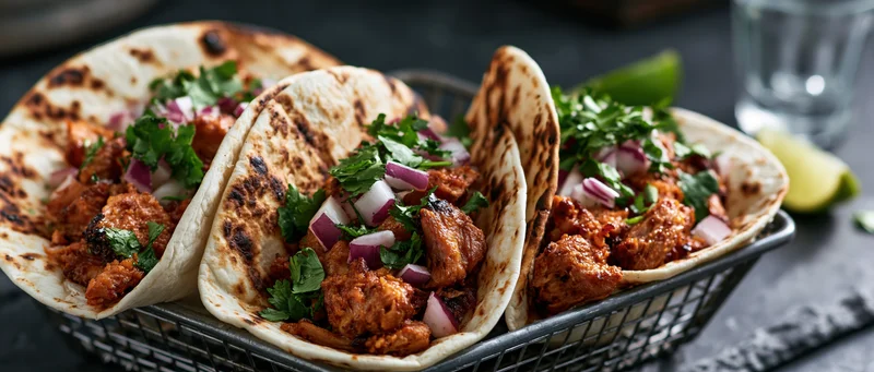 Three tacos al pastor in charred flour tortillas served in a wire basket with cilantro and red onion garnish