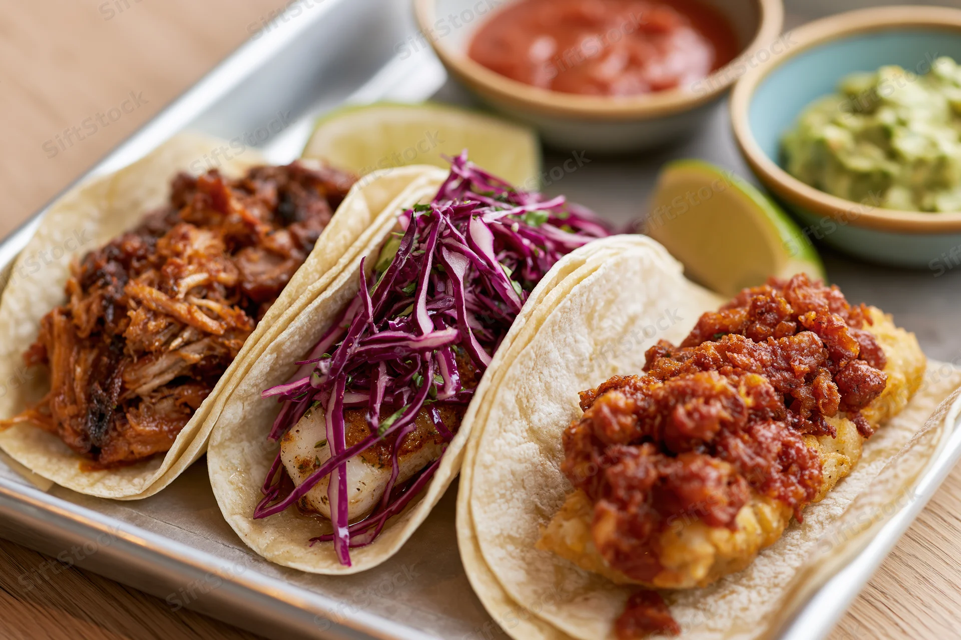 Three street-style tacos with pulled pork, fish, and cabbage on a metal tray with salsa and guacamole on the side