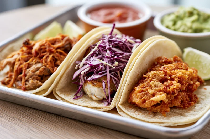 Three street-style tacos with chicken, fish, and pork on a metal tray with salsa, guacamole, and lime wedges on a wooden table