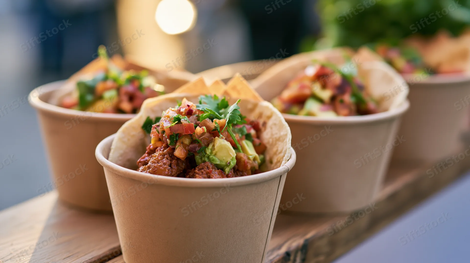 Three street tacos in kraft paper cups lined up on a wooden tray