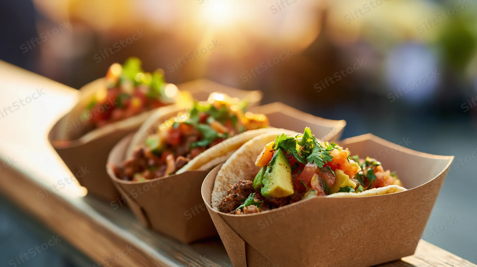 Three street tacos in kraft paper cups lined up on a wooden surface outdoors in warm sunlight