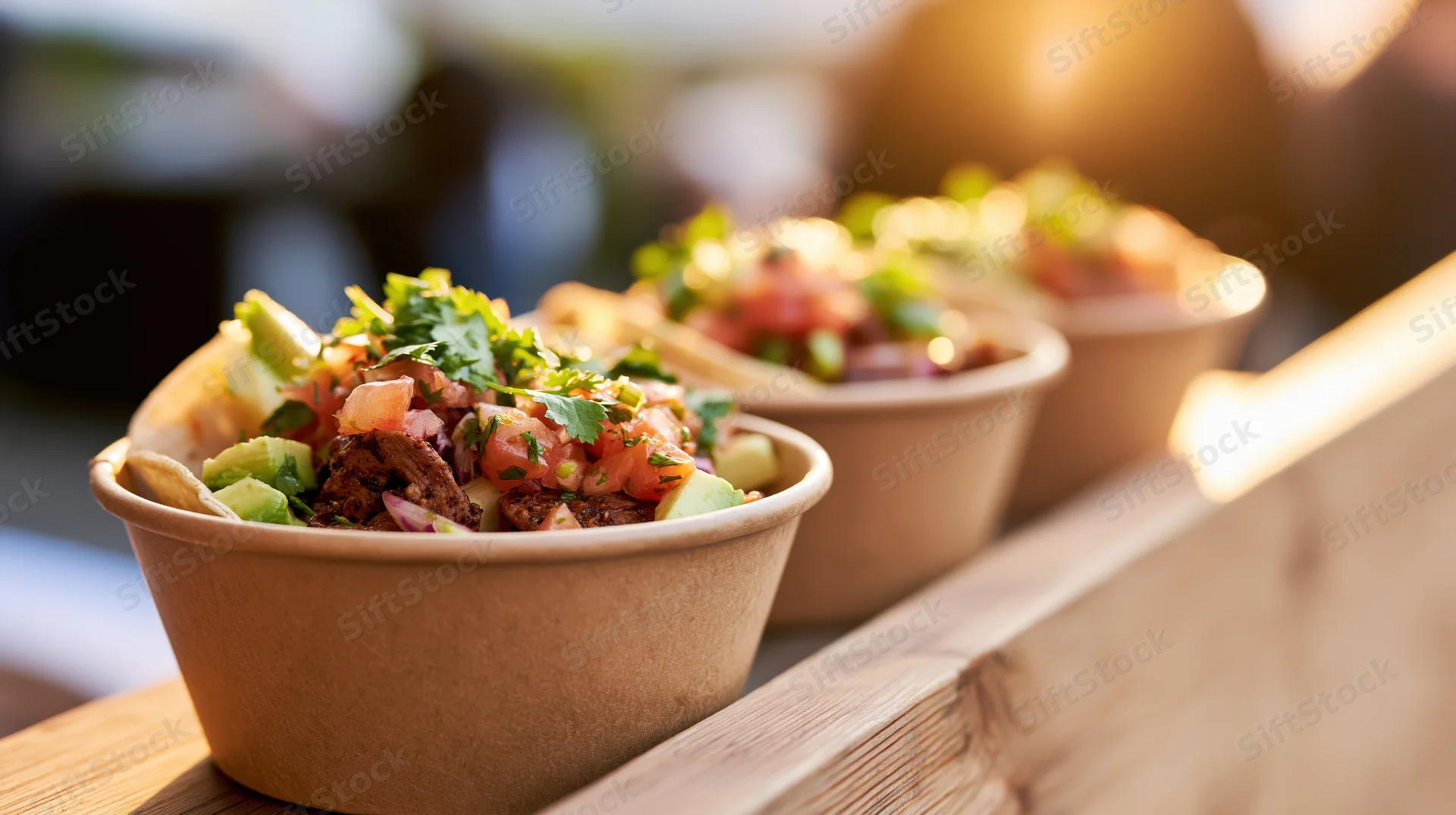 Three street tacos in kraft paper cups lined up on a wooden table outdoors in sunlight