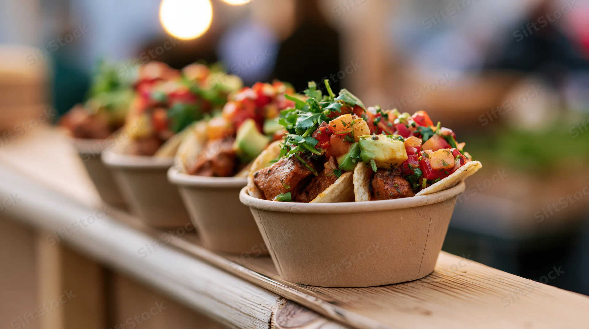 Three street tacos in kraft paper cups lined up on a wooden counter