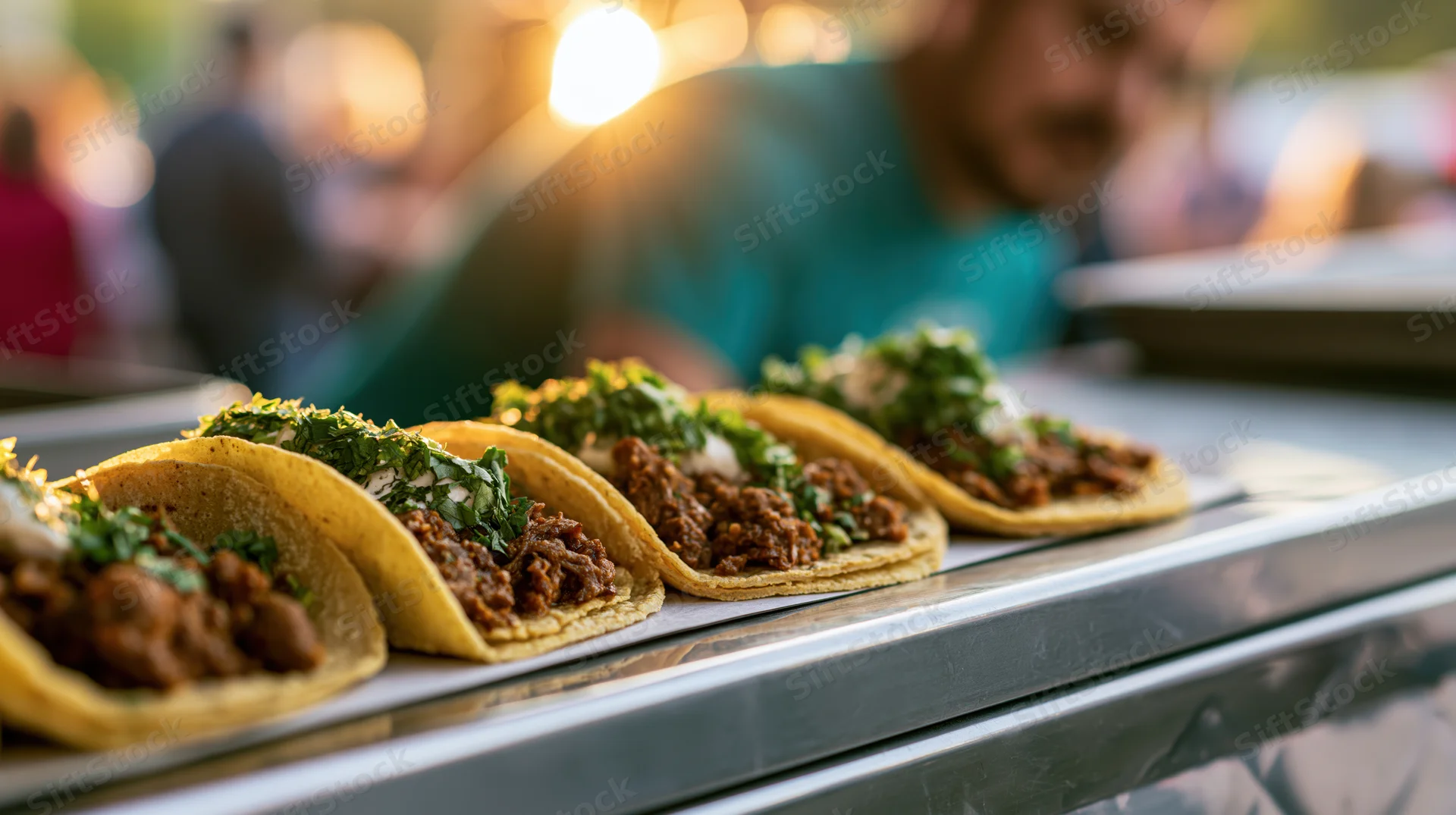 Row of street tacos with meat and cilantro on a stainless steel tray at an outdoor food stall