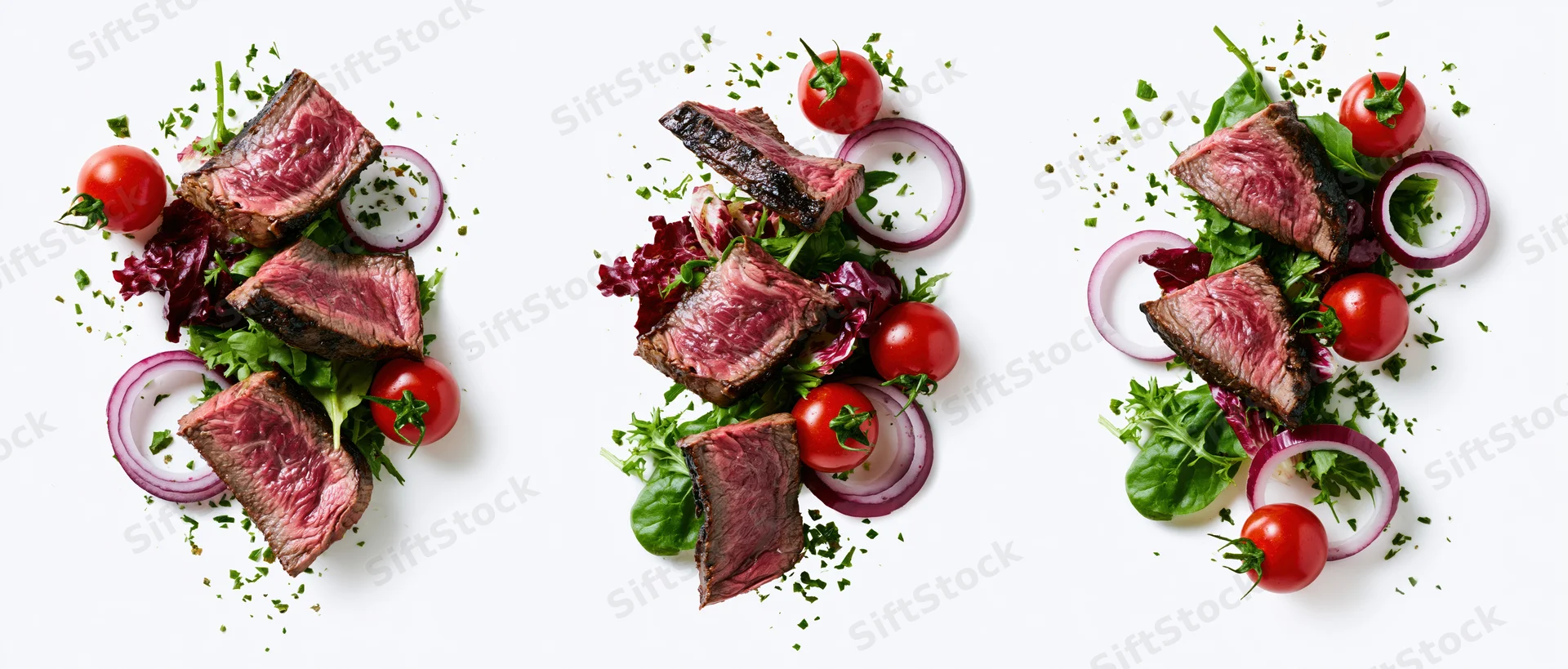 Three variations of beef steak salad arranged on white background with cherry tomatoes, red onion, greens and herbs