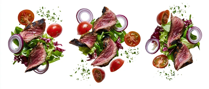Three variations of beef steak salad with tomatoes onions and greens arranged overhead on white background
