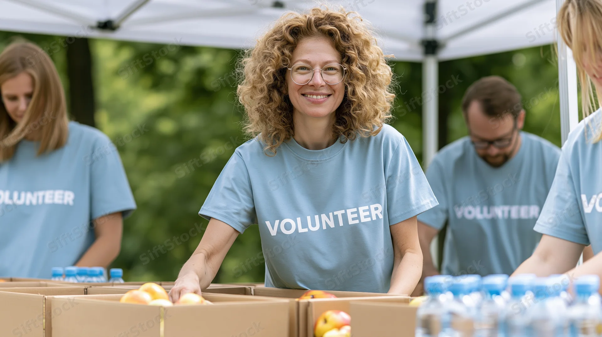 Smiling woman in blue volunteer t-shirt arranging food boxes at outdoor charity event