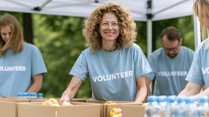 Smiling woman in blue volunteer t-shirt arranging food boxes at outdoor charity event
