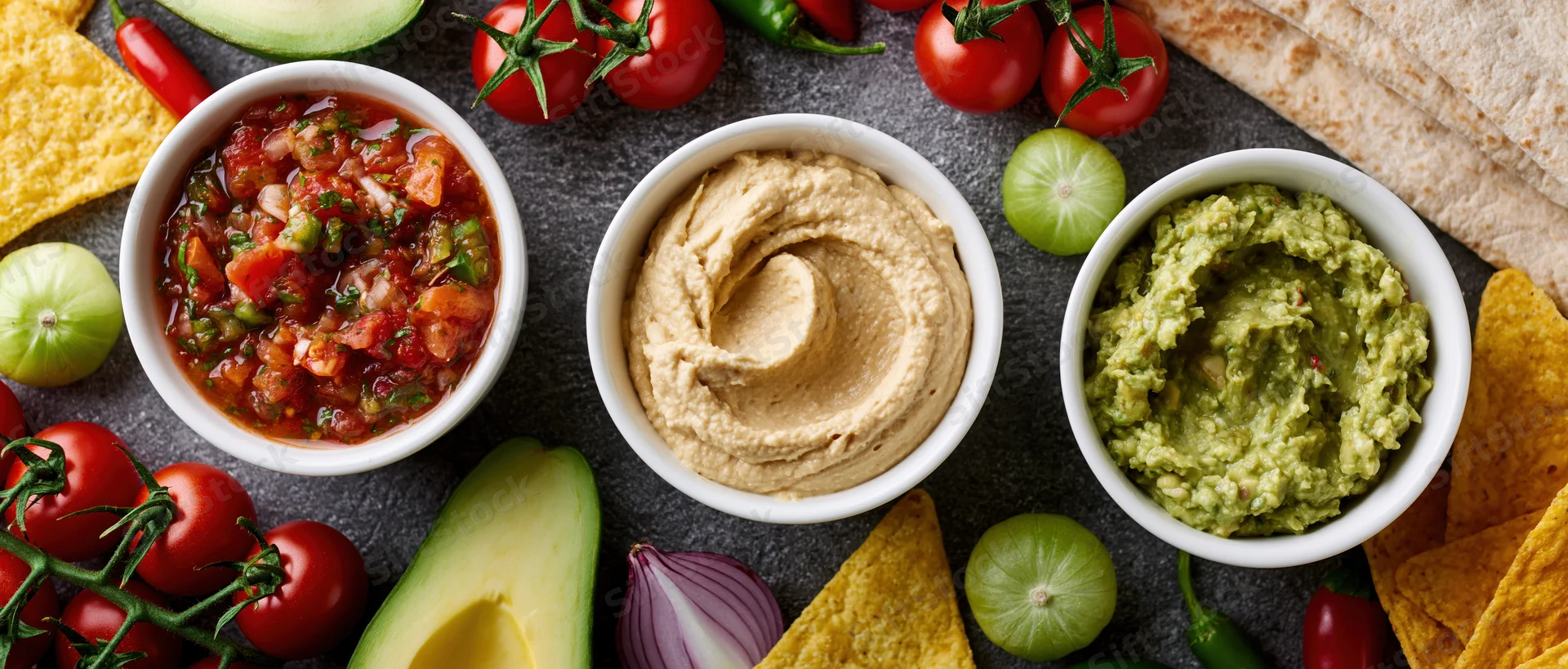 Three white bowls of salsa, hummus and guacamole arranged on a dark surface with fresh vegetables and tortilla chips around