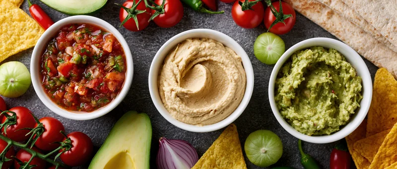 Three white bowls of salsa, hummus and guacamole arranged on a dark surface with fresh vegetables and tortilla chips around