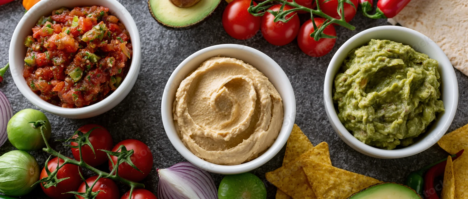 Three white bowls of hummus, guacamole and salsa arranged on a dark surface with tortilla chips and fresh vegetables around