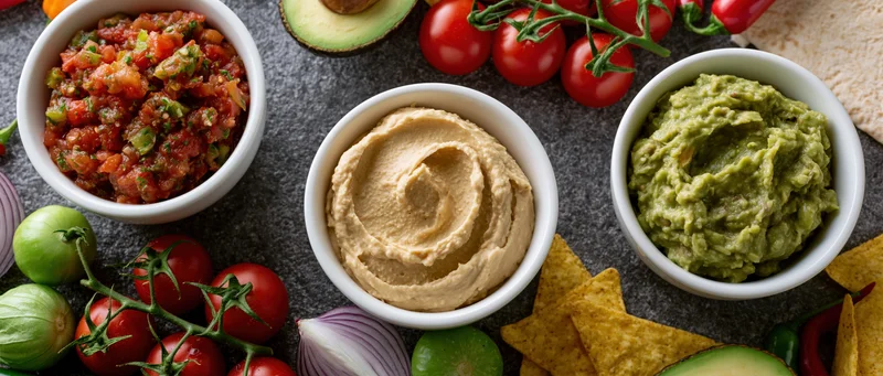 Three white bowls of hummus, guacamole and salsa arranged on a dark surface with tortilla chips and fresh vegetables around