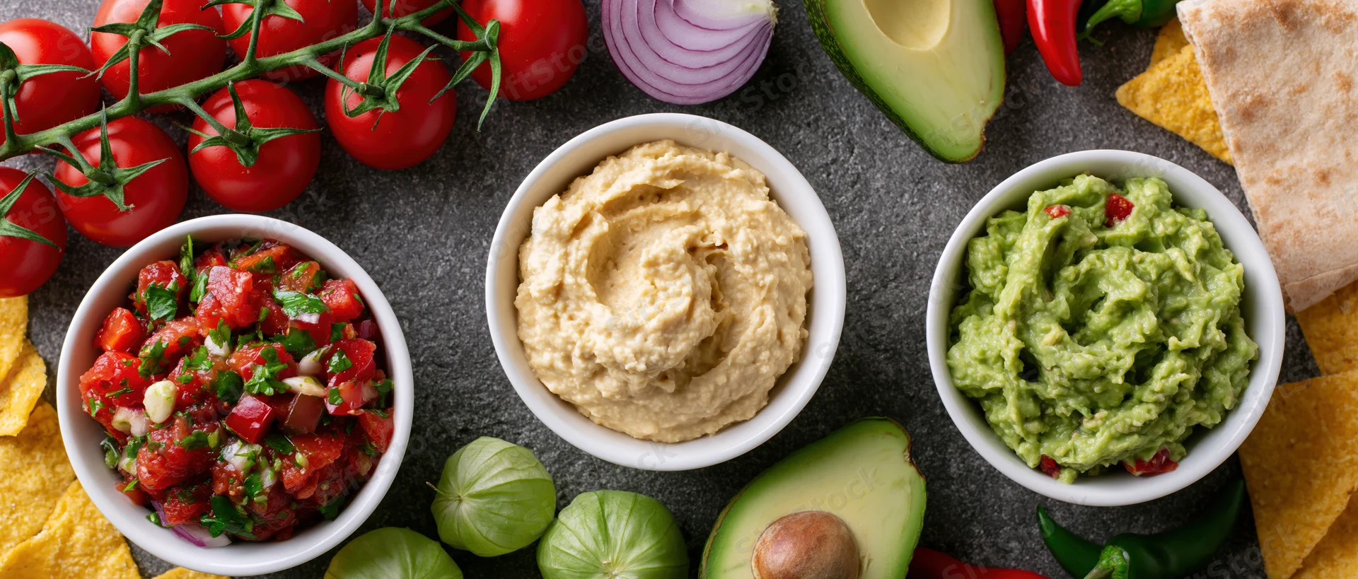 Three white bowls of hummus, guacamole and salsa arranged on a dark surface with fresh vegetables and tortilla chips around