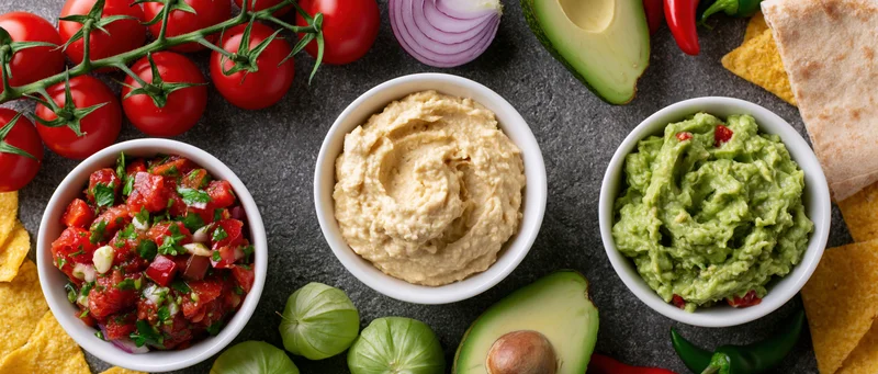 Three white bowls of hummus, guacamole and salsa arranged on a dark surface with fresh vegetables and tortilla chips around