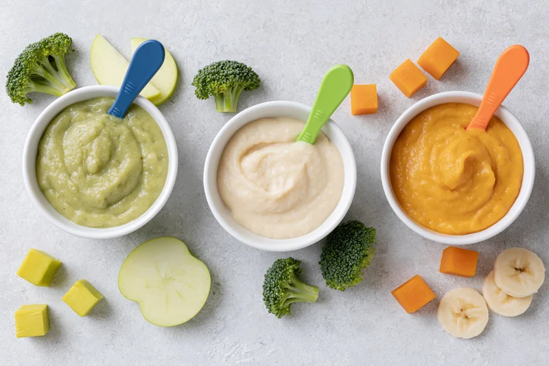 Three white ceramic bowls of baby food puree with broccoli, apple, squash and banana arranged on a light countertop in a flat lay view
