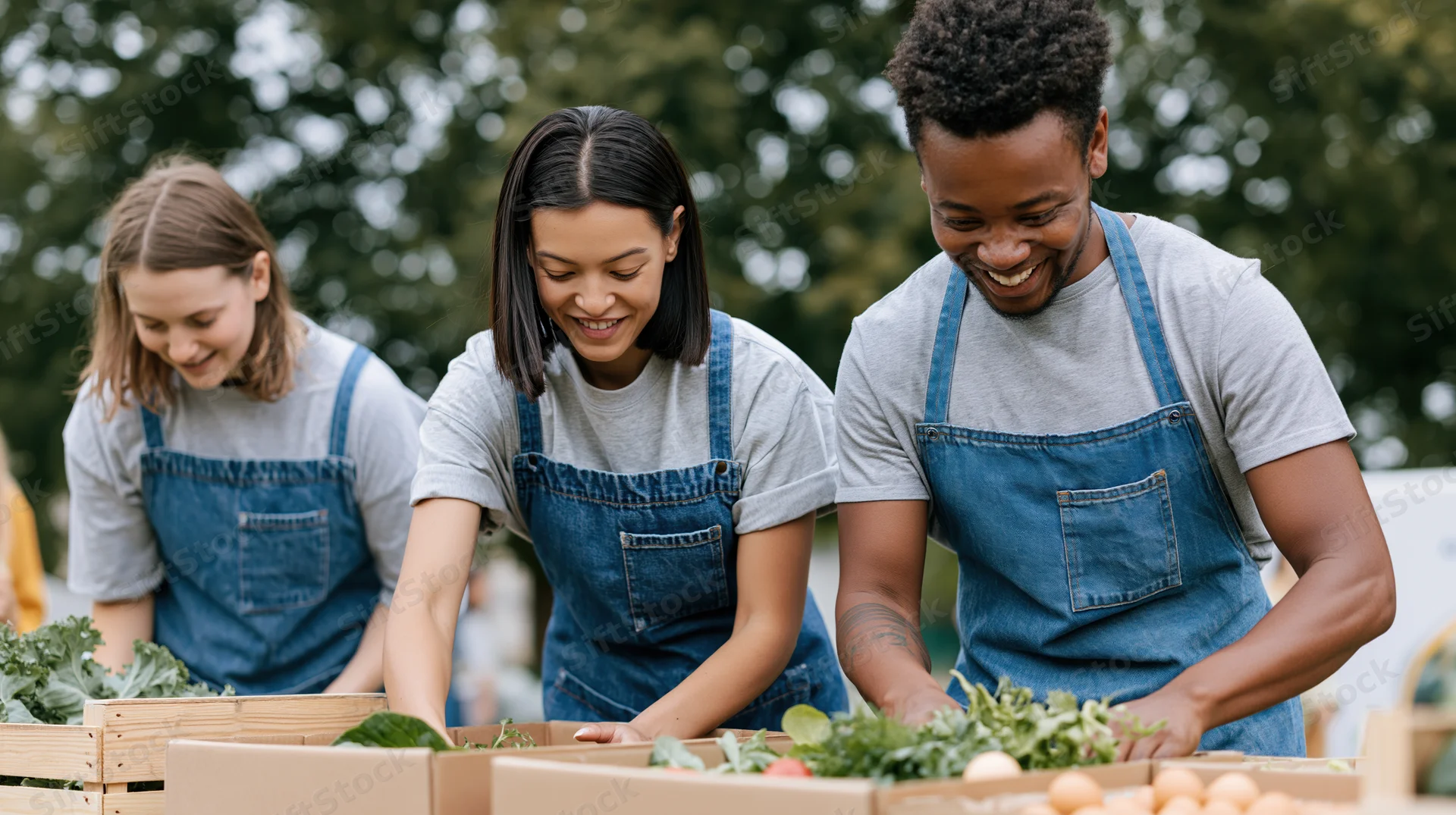 Three young adult volunteers sorting fresh vegetables and egg in wooden crates outdoors