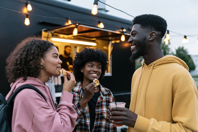 Three young adults eating and drinking together in front of a food truck at evening
